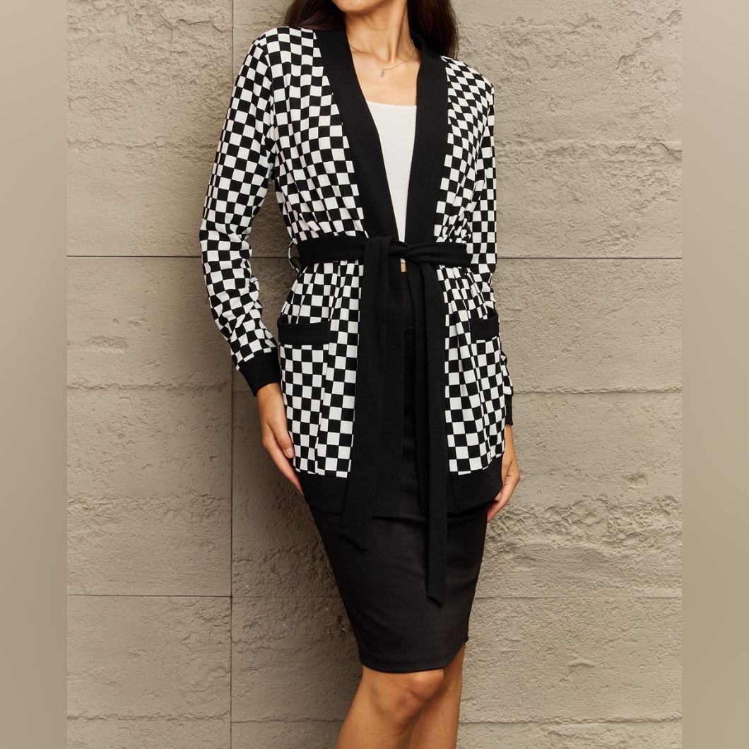 Womens Fall Long Cardigan Checkered Black And White Sz S M L Plus